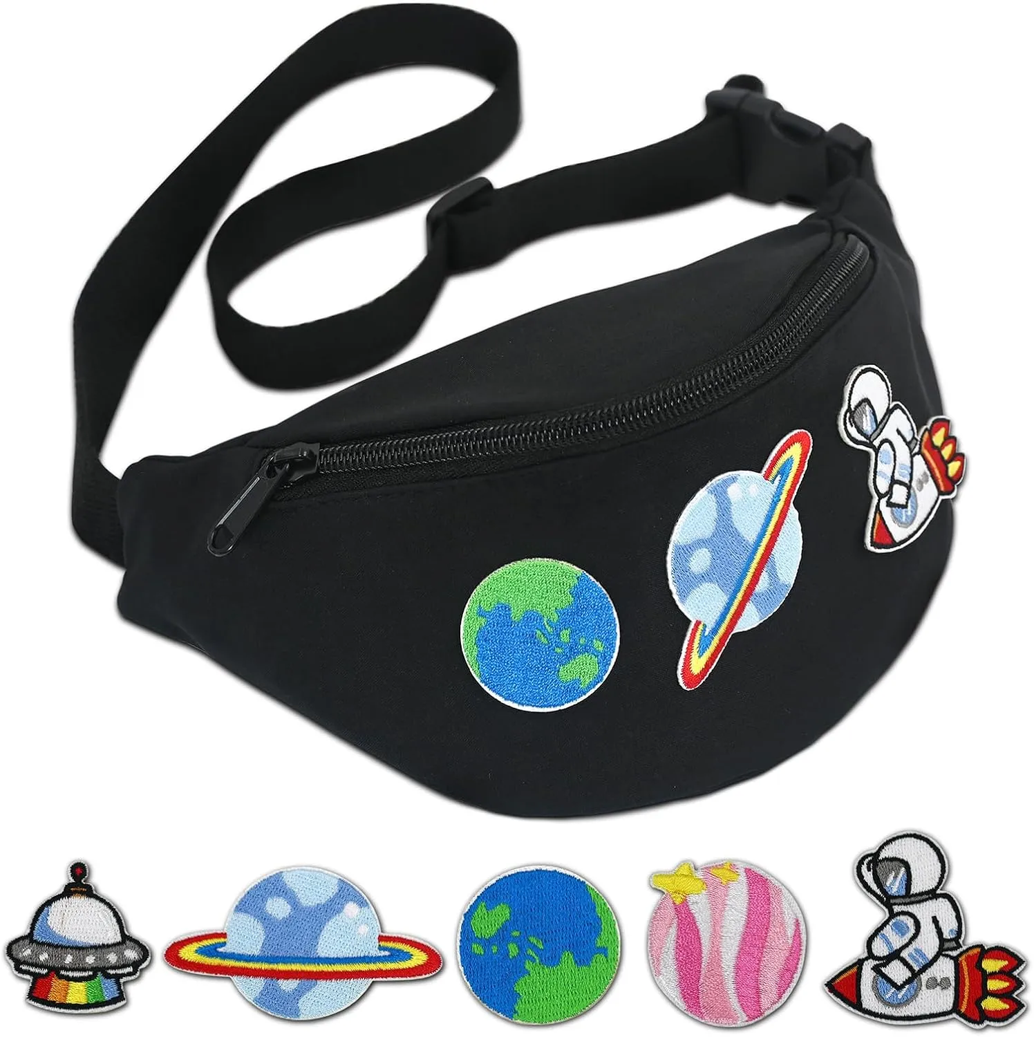 Kids Fanny Pack, Black Fanny Pack for Kids, Small Belt Bag for Girls Boys Travel, Toddler Waist Bag Cute with Adjustable Belt and DIY Embroidery Stickers