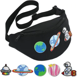 Kids Fanny Pack, Black Fanny Pack for Kids, Small Belt Bag for Girls Boys Travel, Toddler Waist Bag Cute with Adjustable Belt and DIY Embroidery Stickers