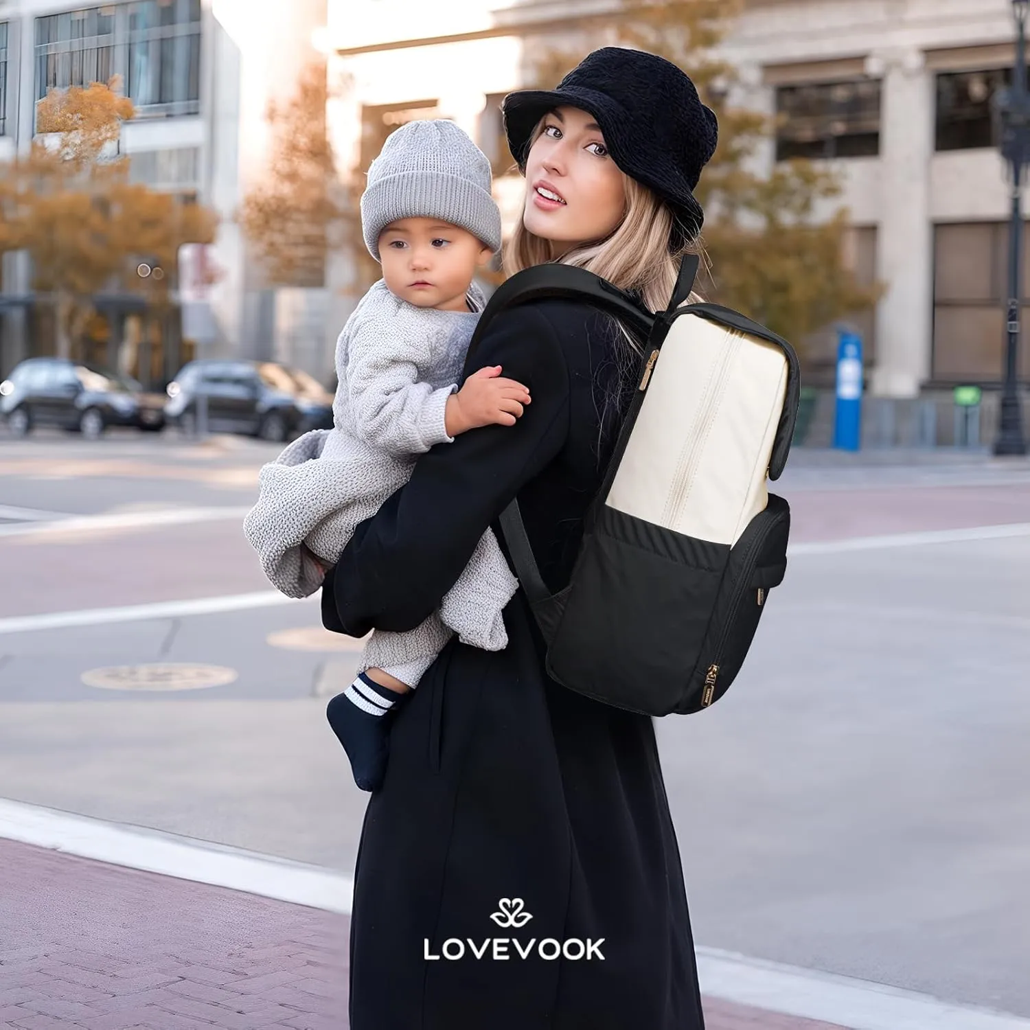 LOVEVOOK Diaper Bag Backpack, Baby Travel Bags for Boys & Girl, Toddler Diaper Bag with Changing Station & Pacifier Case (Black- Beige, 15.6 inch)