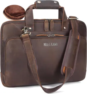 Masa Kawa Slim Leather Briefcase for Men 360 Protective Laptop Bag for 15.6 Inch 16" Computer, Crossbody Shoulder Messenger Bag Attache Case for Office Work Business Travel Lawyer, Vintage Brown