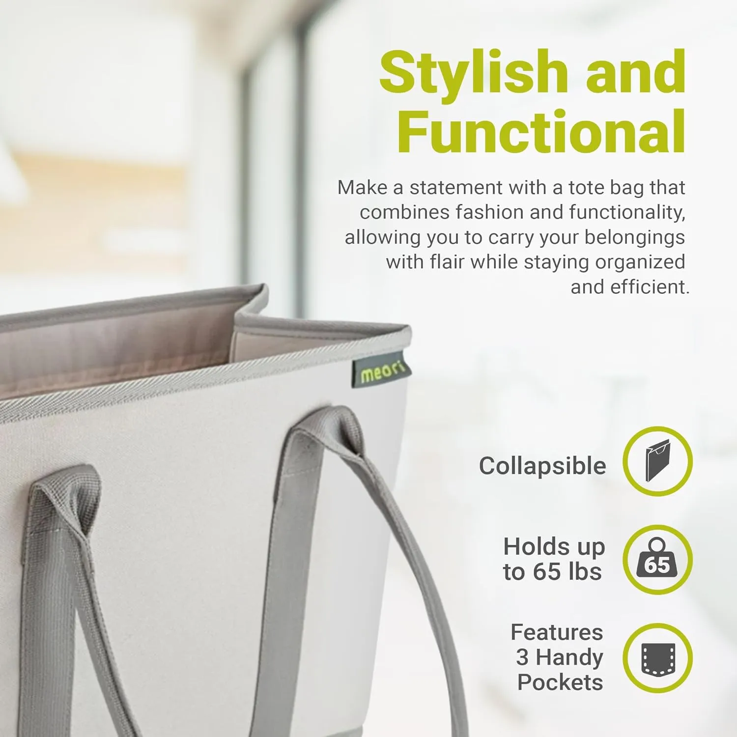 meori Office Tote Bag Carry Laptop Essentials Sturdy Bottom Stays Upright 3 Handy Pockets