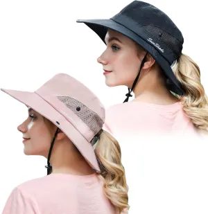 Muryobao 2 Pack Women Ponytail Summer Sun Hat UV Protection Wide Brim Foldable Safari Fishing Cap