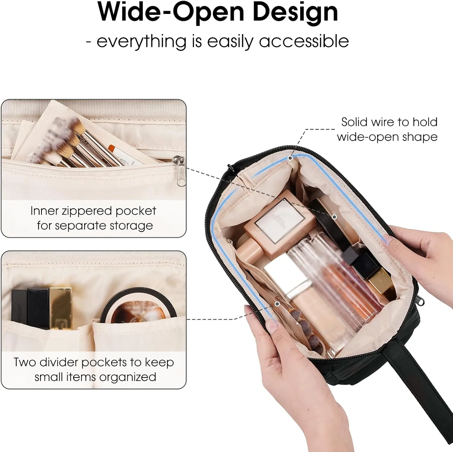 Narwey Makeup Bag Women Wide-open Make up Bag Travel Cosmetic Bag Organizer Toiletry Bag for Cosmetics Toiletries Accessories (Black)