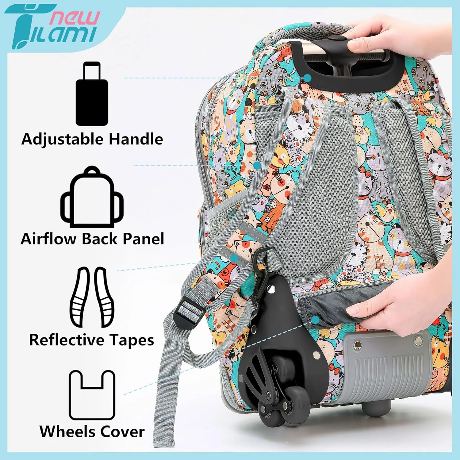 NEW TILAMI Rolling Backpack for Boy Suitcase School Adjustable Laptop Backpack with Wheels for Girl to School Travel Camping Boys Backpack Cute Cats 18 Inches