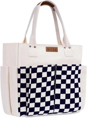 Nicav Canvas Tote Bags for Women, Large Utility Tote Bags with Pockets Zip Top for Teacher Nurse Work