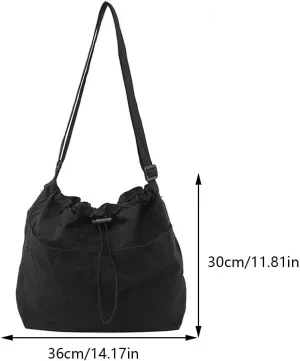Nylon Drawstring Bucket Bag for Women Lightweight Casual Satchel Tote Handbag Multi-pockets for Outdoor Travel