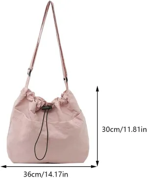 Nylon Drawstring Bucket Bag for Women Lightweight Casual Satchel Tote Handbag Multi-pockets for Outdoor Travel