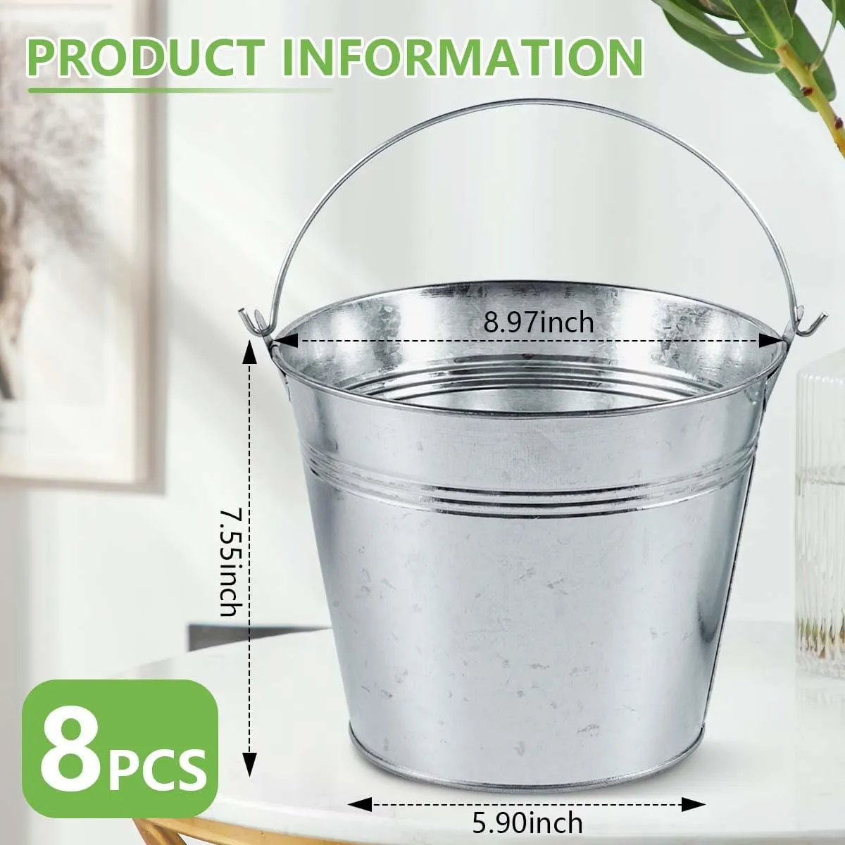 OBTANIM 8 Pack Galvanized Metal Buckets with Handle Ice Pails for Plants, Succulents, Party Favors Organizing, Rustic Home Decor or Classrooms Pencil Storage (9 x 5.9 inch)