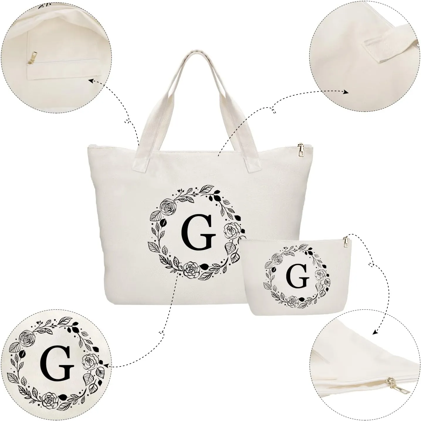 Personalized Initial Canvas Tote Bag with Zipper, Present Bag with Inner Pocket & Make Up Bag, Great Gifts for Women, Mom, Teachers, Friends, Bridesmaids