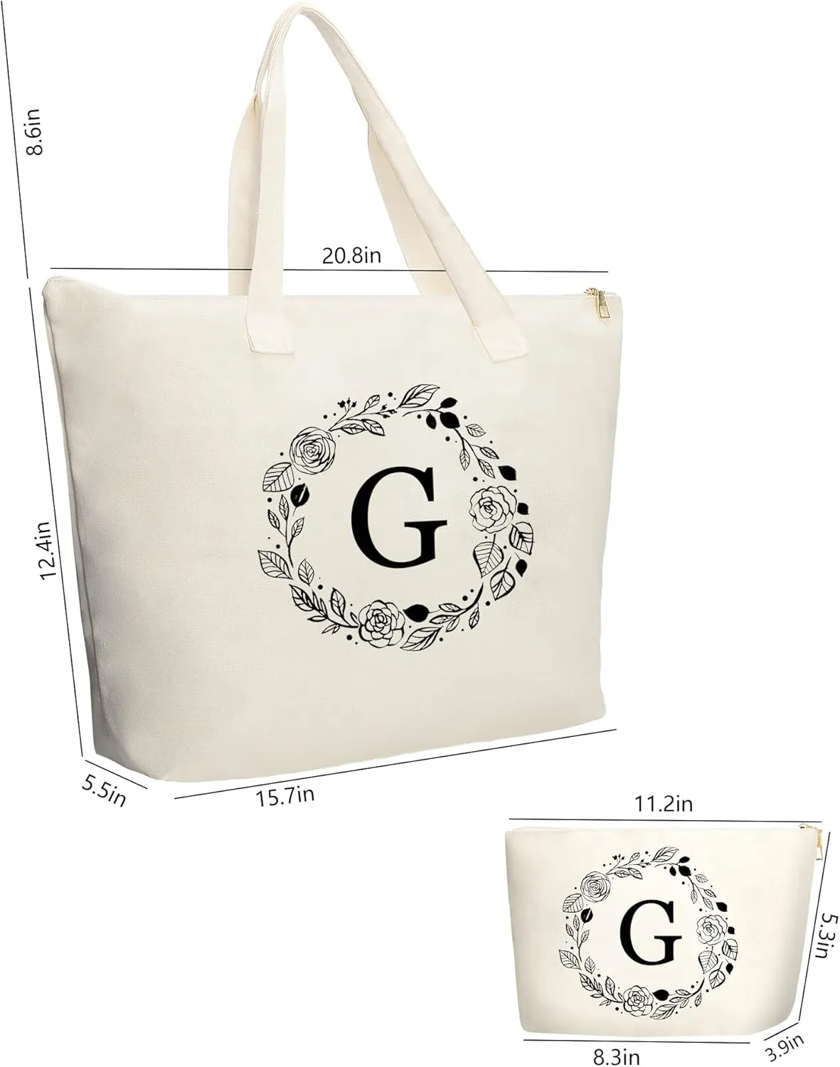 Personalized Initial Canvas Tote Bag with Zipper, Present Bag with Inner Pocket & Make Up Bag, Great Gifts for Women, Mom, Teachers, Friends, Bridesmaids