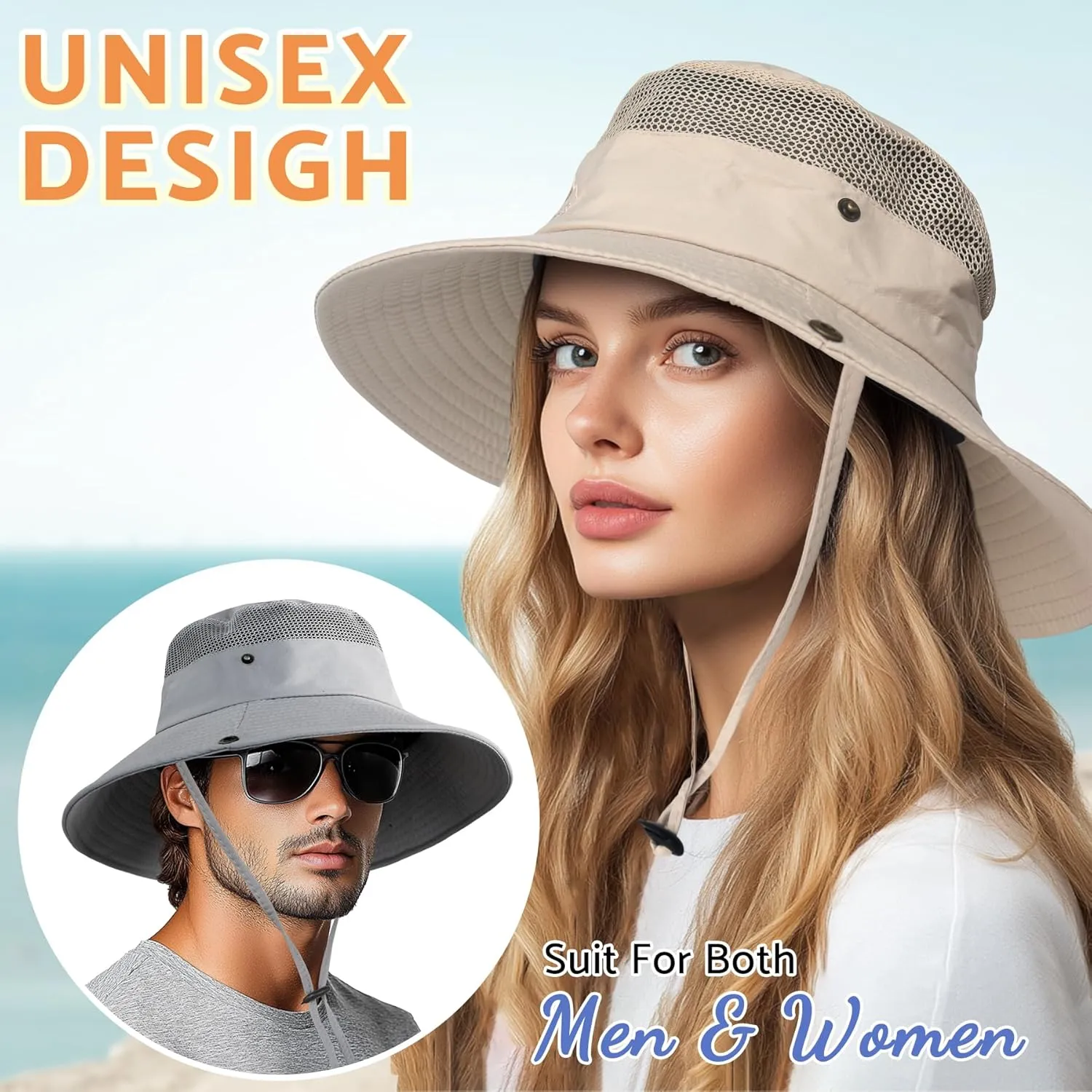 PFFY Sun Bucket Hats for Men Women 3 Wide Brim UPF 50  Fishing & Beach Hat
