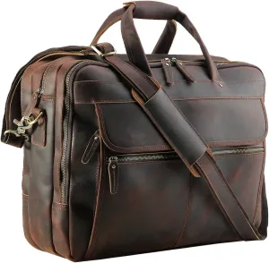 Polare 18'' Thick Full Grain Leather Fit 17.3" Laptop Business Briefcase Work Bag Overnight Bag For Men