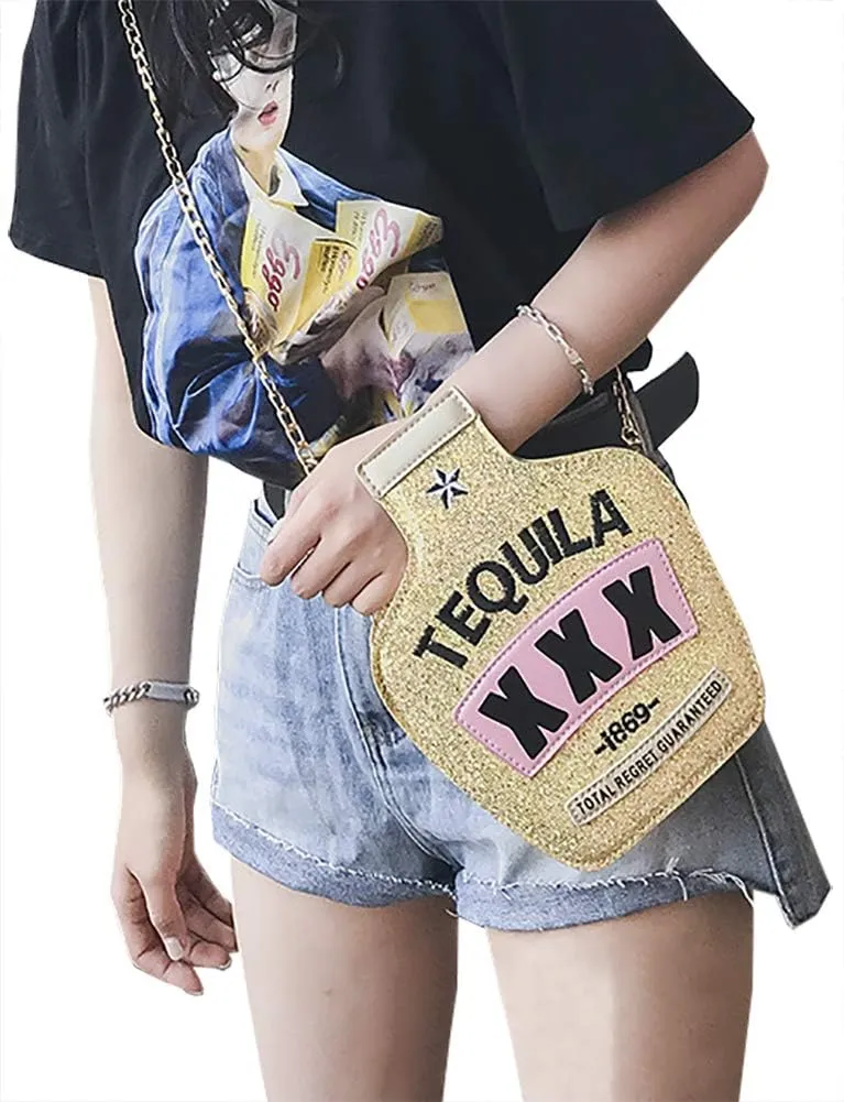 QZUnique Bottle/Motorcycle Jacket/Perfume/Gamepad Shoulder Bag for Women PU Leather Handbag Zipper Closure Crossbody Bag