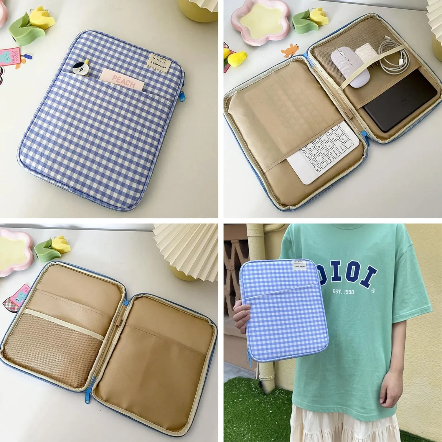 RARITYUS 13-14 Inch Fashion Plaid Laptop Sleeve Bag iPad Protective Case Kawaii Tablet Cover Notebook Storage Bag for Women Girls