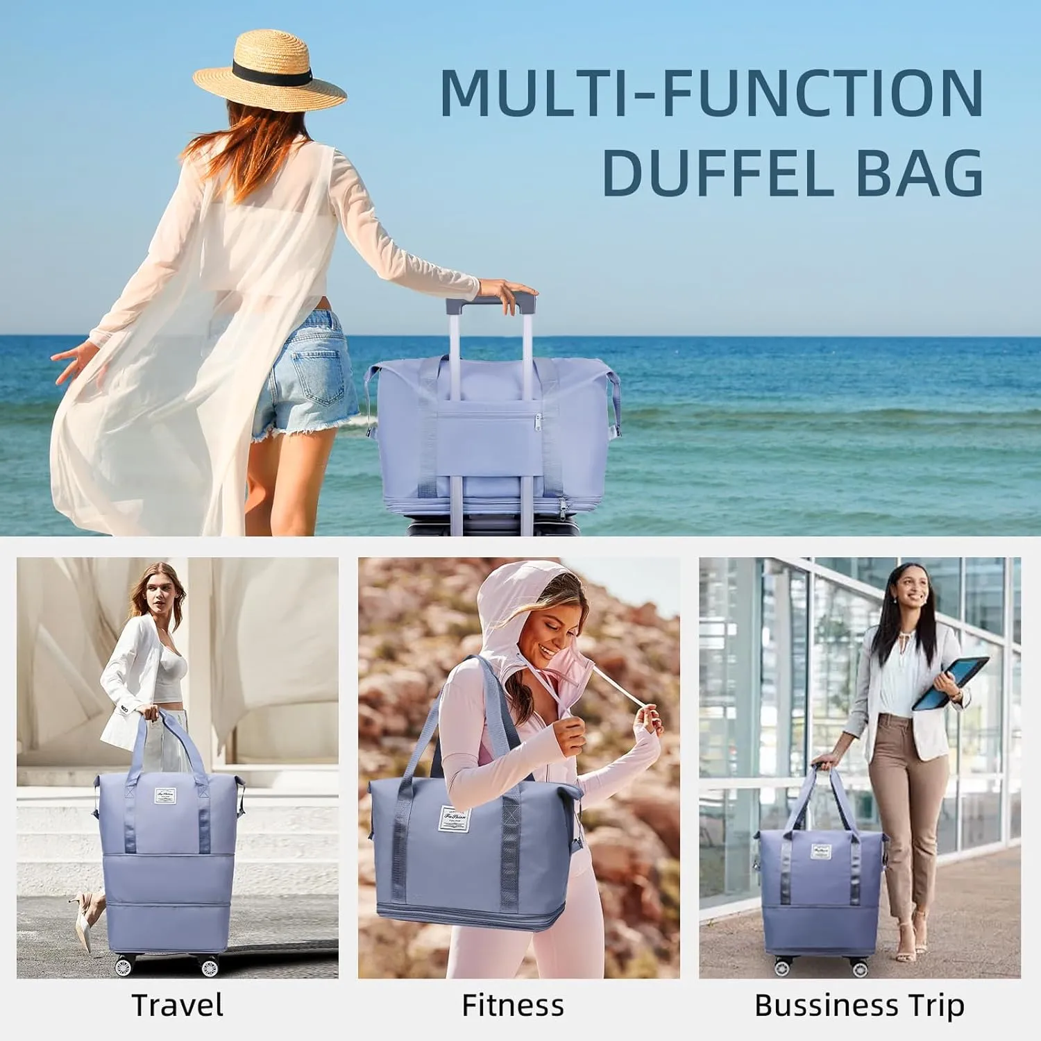 Rolling Duffle Bag with Wheels Expandable Foldable Travel Bag Carry on Duffel Bag Large Luggage Bag Overnight Weekender Bag Blue