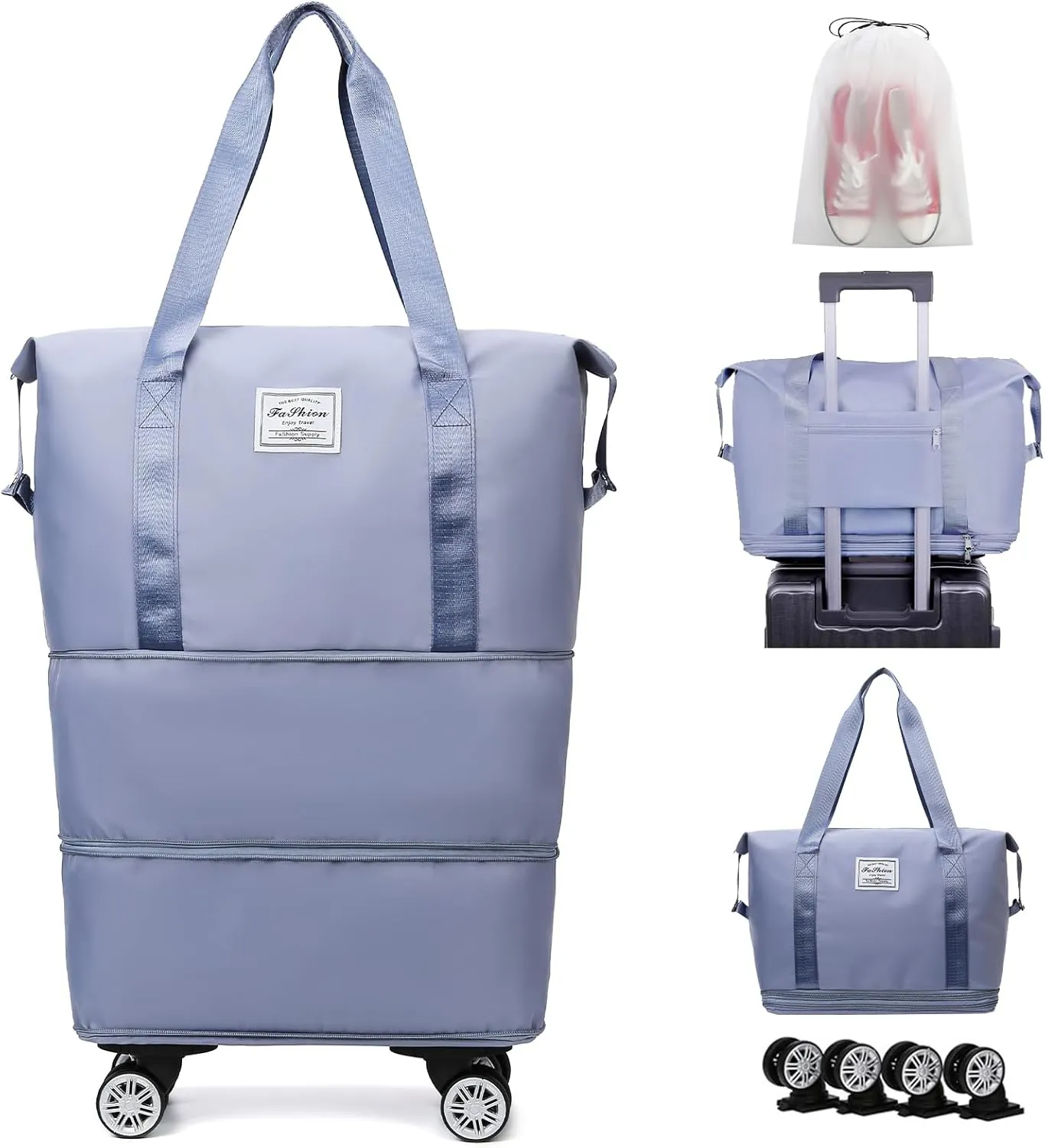Rolling Duffle Bag with Wheels Expandable Foldable Travel Bag Carry on Duffel Bag Large Luggage Bag Overnight Weekender Bag Blue