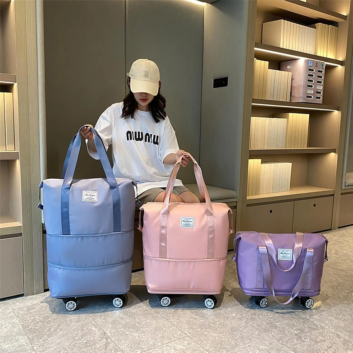 Rolling Duffle Bag with Wheels Expandable Foldable Travel Bag Carry on Duffel Bag Large Luggage Bag Overnight Weekender Bag Pink