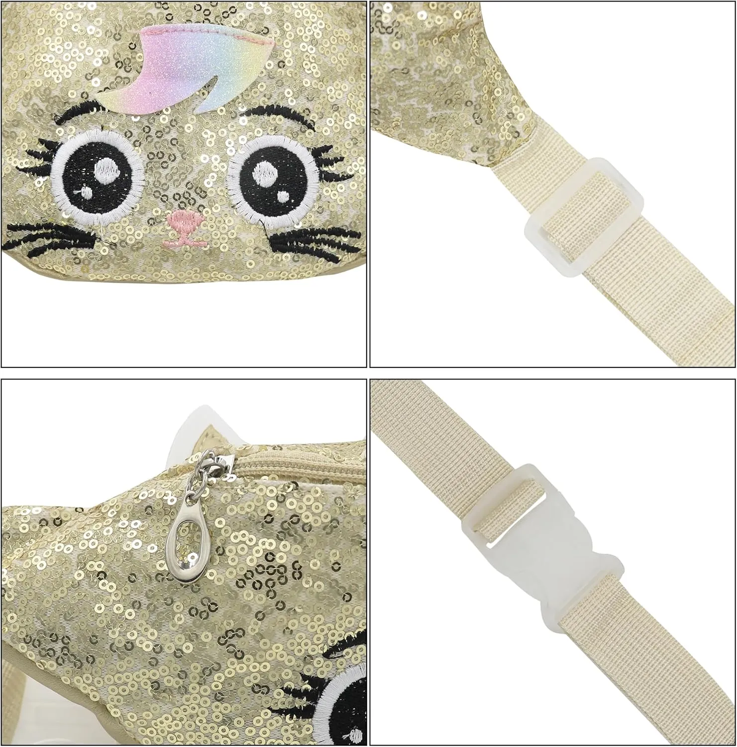 Sequins Cute Cat Fanny Pack Unicorn Crossbody Shoulder Bag for Girls Sling Bag Animal Chest bag Belt Bag