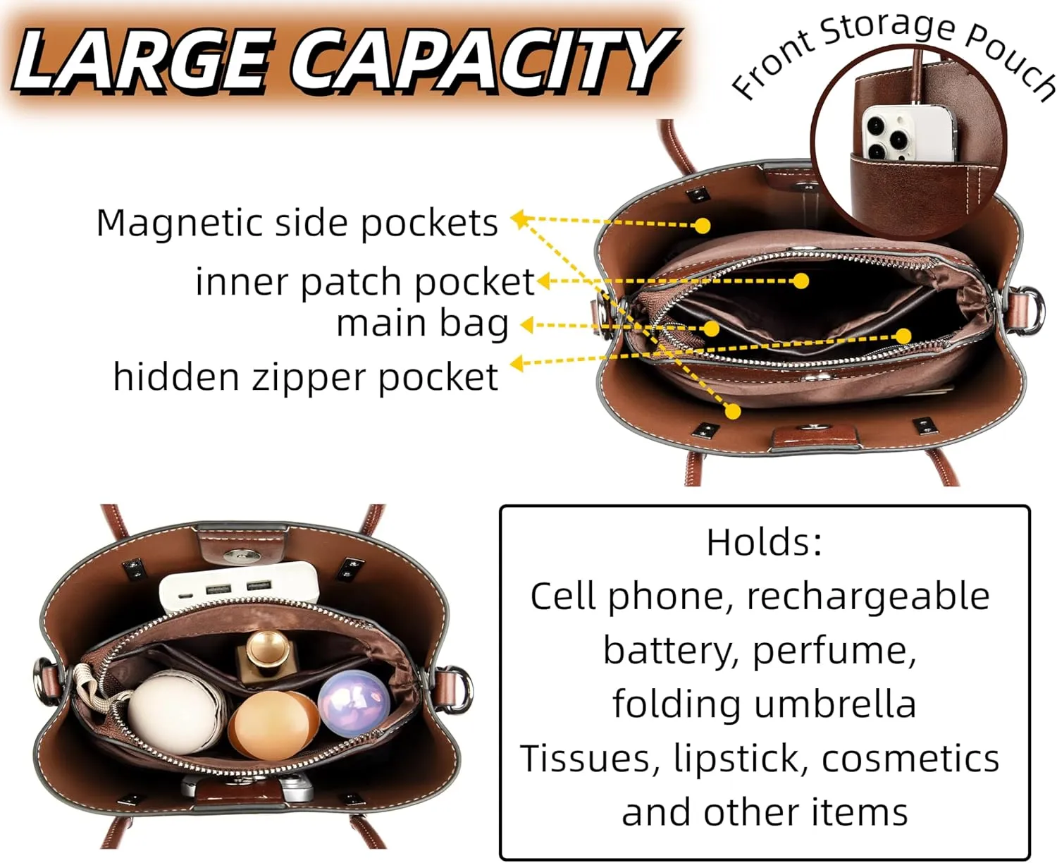 Shoulder Handbag Leather Bucket Bags For Women Vintage Tote Purses WIth ZIpper And Magnetic Closure