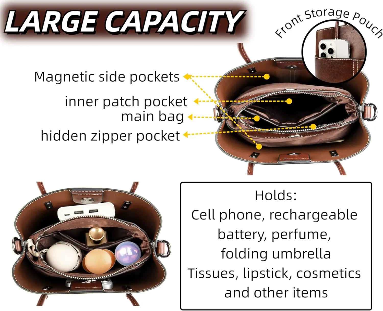Shoulder Handbag Leather Bucket Bags For Women Vintage Tote Purses WIth ZIpper And Magnetic Closure