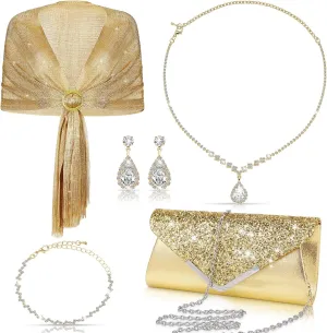 Tiamon 5 Pcs Rhinestone Jewelry Sets Shawls and Wraps Formal Clutch Purses for Women Evening Dresses Bridal Weddings