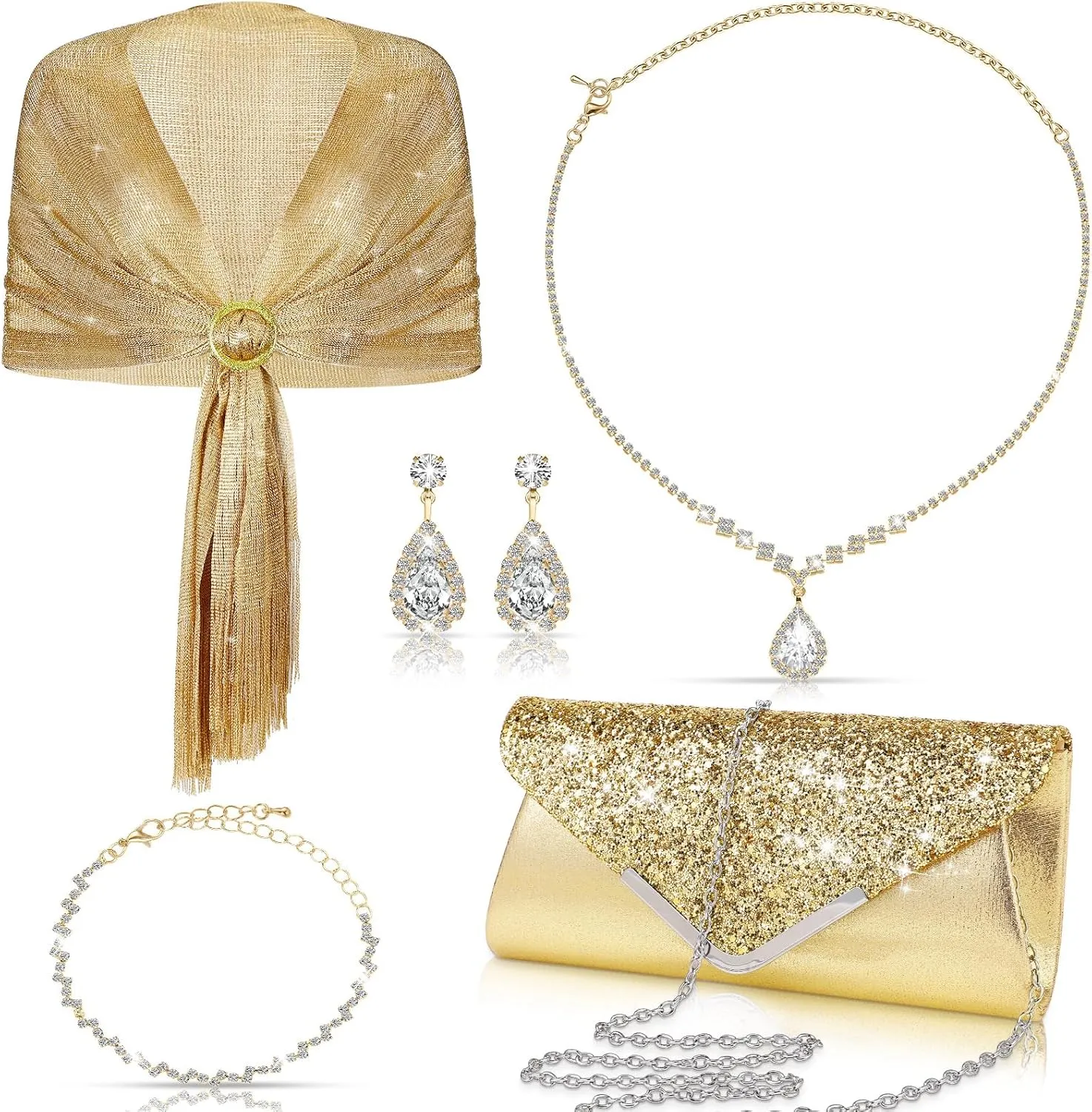 Tiamon 5 Pcs Rhinestone Jewelry Sets Shawls and Wraps Formal Clutch Purses for Women Evening Dresses Bridal Weddings