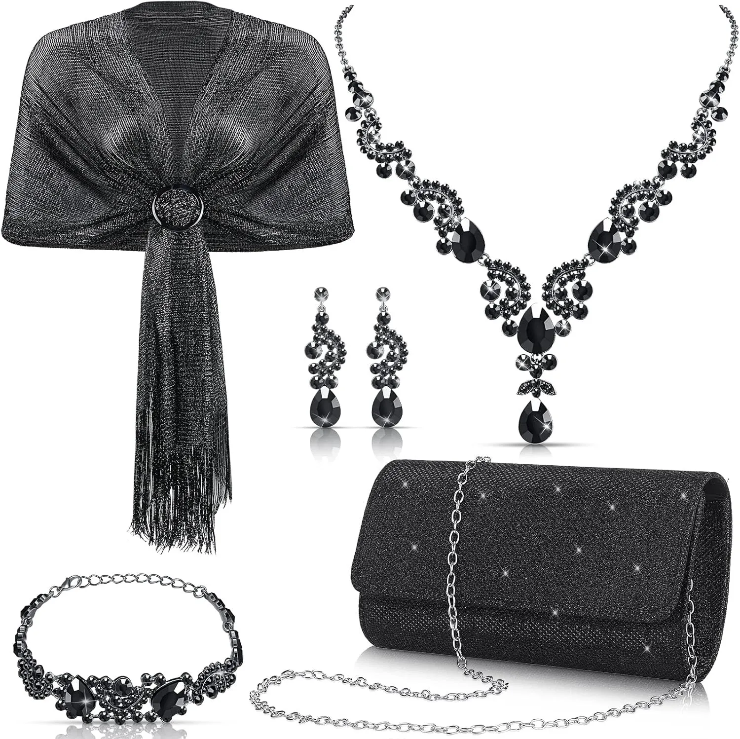 Tiamon 5 Pcs Rhinestone Jewelry Sets Shawls and Wraps Formal Clutch Purses for Women Evening Dresses Bridal Weddings