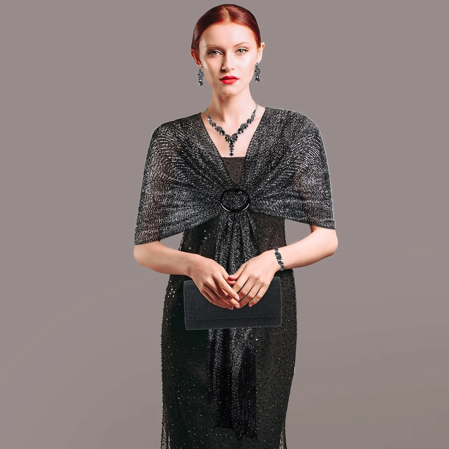 Tiamon 5 Pcs Rhinestone Jewelry Sets Shawls and Wraps Formal Clutch Purses for Women Evening Dresses Bridal Weddings