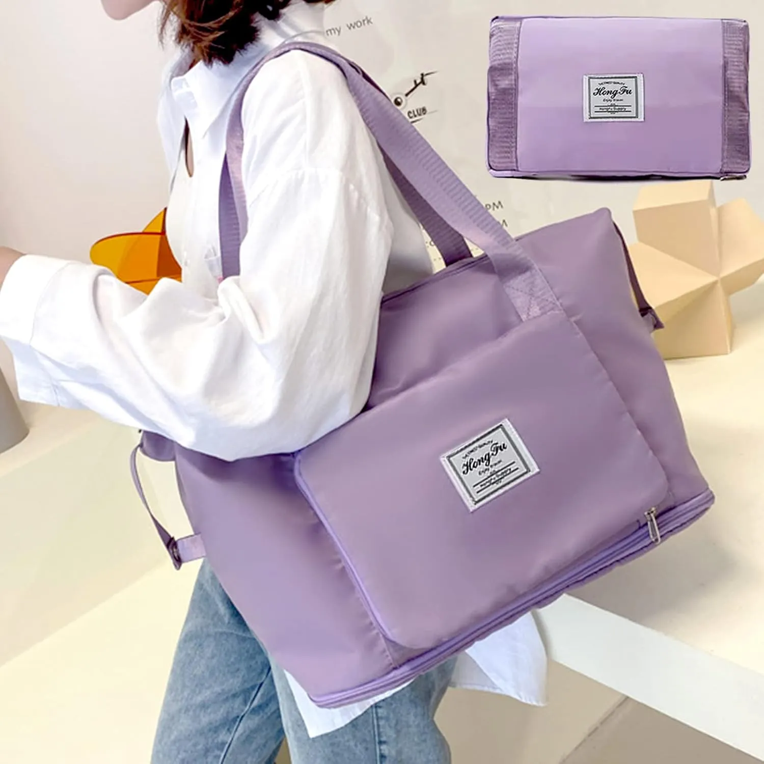 Travel Bag for Women Expandable Weekender Overnight Bag Carry on Sports Tote Gym Bag Waterproof Foldable Duffel Bag (Purple)