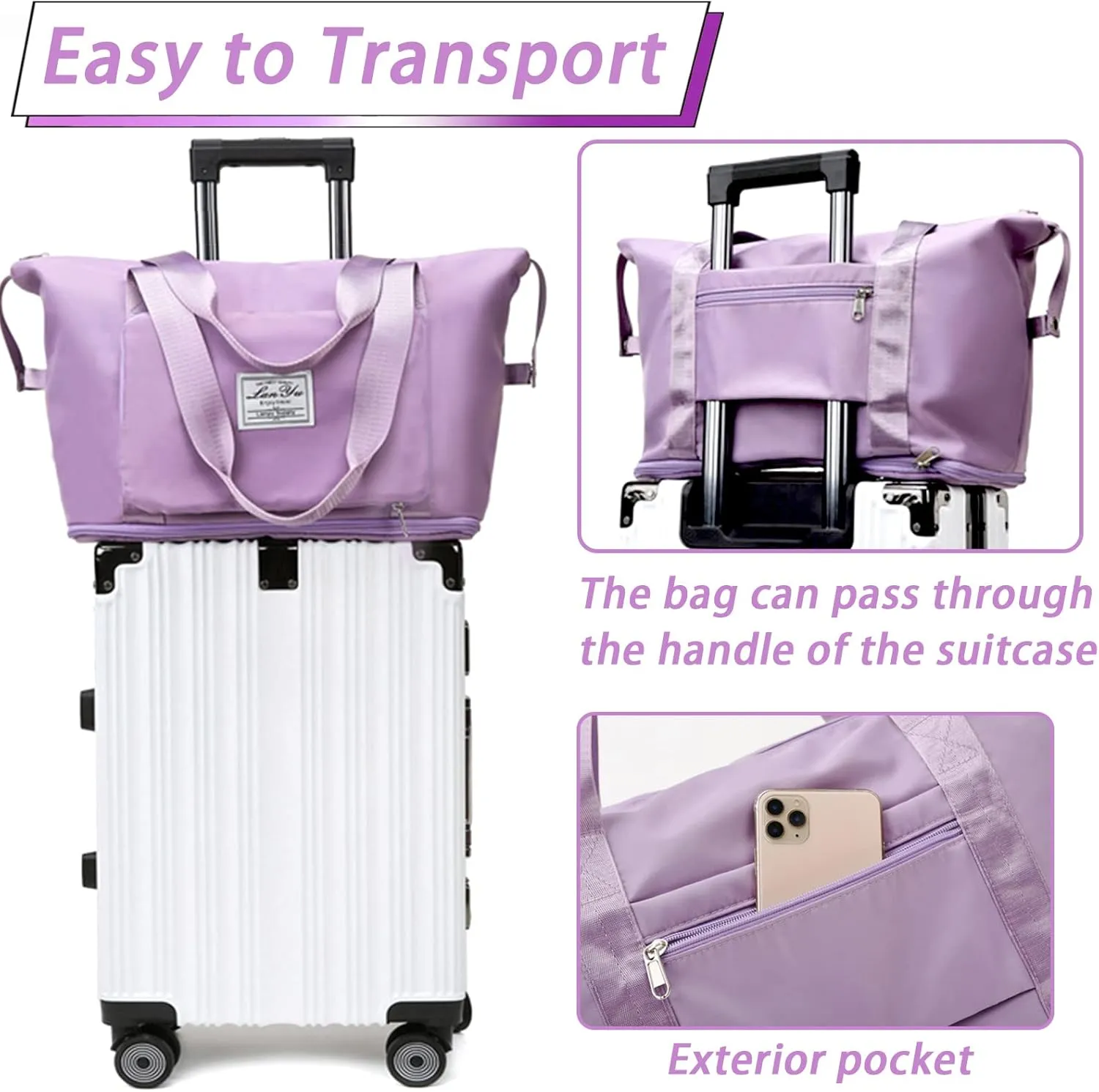 Travel Bag for Women Expandable Weekender Overnight Bag Carry on Sports Tote Gym Bag Waterproof Foldable Duffel Bag (Purple)