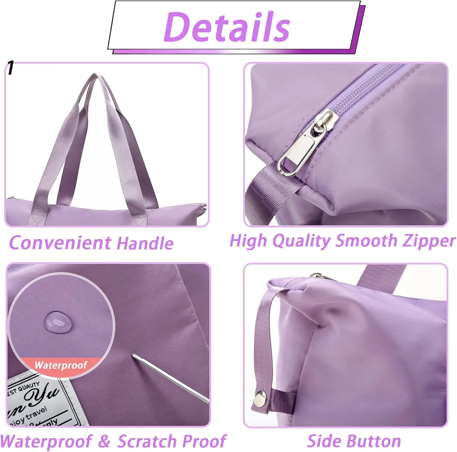 Travel Bag for Women Expandable Weekender Overnight Bag Carry on Sports Tote Gym Bag Waterproof Foldable Duffel Bag (Purple)