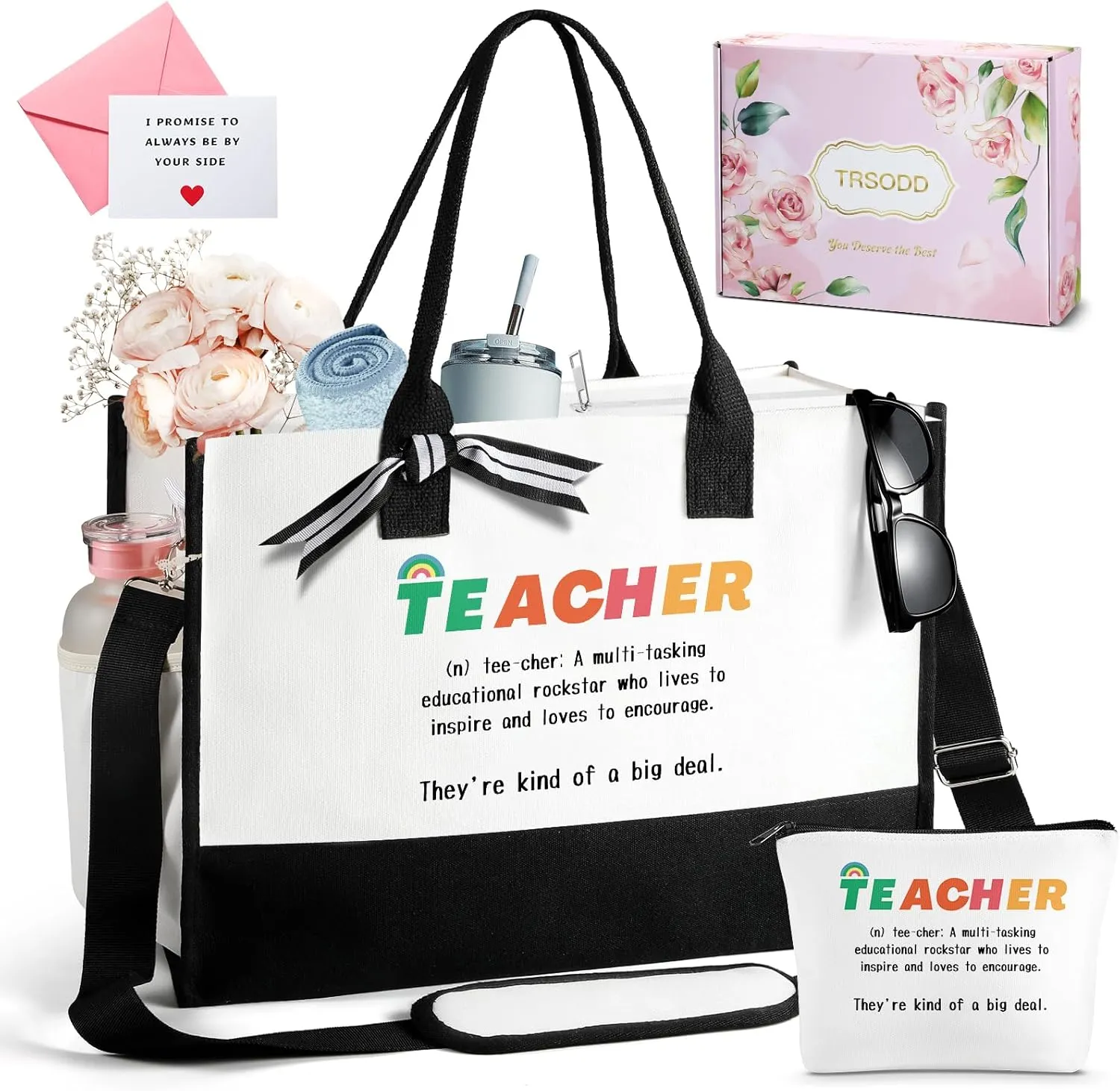TRSODD Teacher Appreciation Gifts Birthday Gifts for Women Personalized Best Teacher Canvas Tote Bag with Makeup Bag