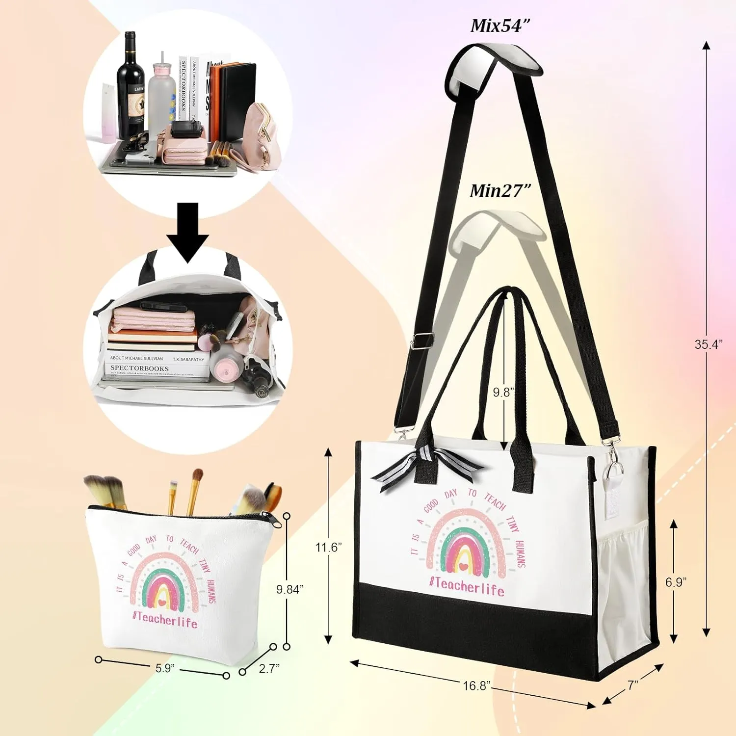 TRSODD Teacher Appreciation Gifts Birthday Gifts for Women Personalized Best Teacher Canvas Tote Bag with Makeup Bag