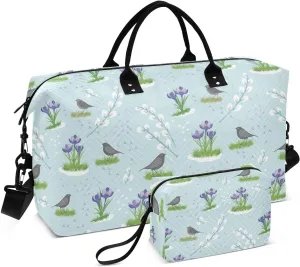 VIGTRO Travel Duffel Bag Weekender Overnight Bag with Toiletry Bag Rooks Willow Crocuses Printed, Carry On Luggage Bag for Hospital Gym Travel Business, 2 Pcs Set