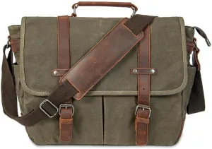 Vintage Genuine Leather Waxed Canvas Briefcase Large Satchel Shoulder Bag Rugged Computer 15.6" Laptop Bag