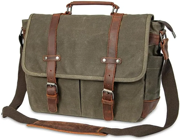 Vintage Genuine Leather Waxed Canvas Briefcase Large Satchel Shoulder Bag Rugged Computer 15.6" Laptop Bag