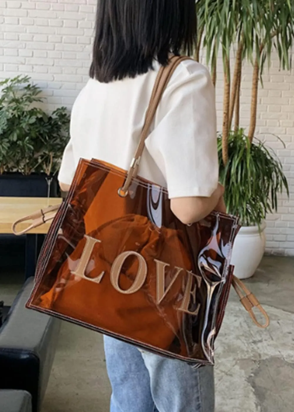 Women Clear Jelly Tote Bag Large Capacity Shoulder Bags Letters Purse