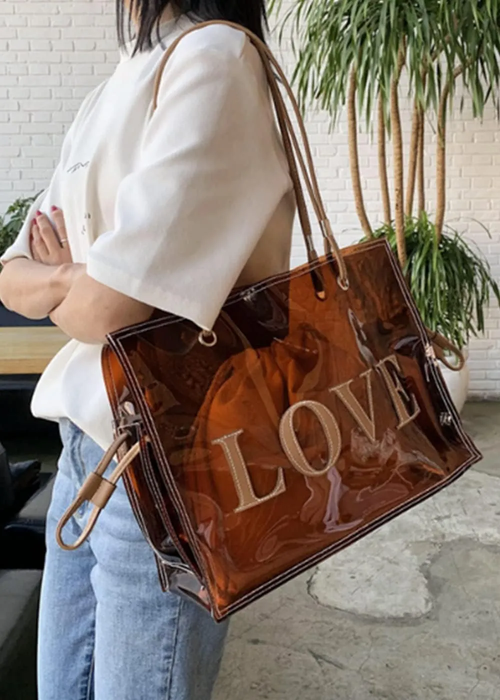 Women Clear Jelly Tote Bag Large Capacity Shoulder Bags Letters Purse