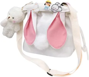 Women Girls Cute t Ears Canvas Small Crossbody Bag Drawstring Bucket Bag Adjustable Shoulder Bag Handbag Purse, White