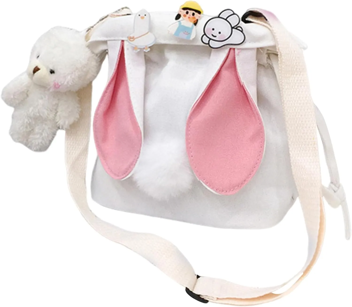Women Girls Cute t Ears Canvas Small Crossbody Bag Drawstring Bucket Bag Adjustable Shoulder Bag Handbag Purse, White