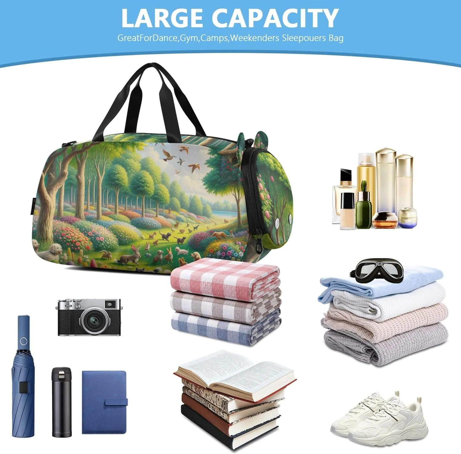 Woodland Animal Green Flower Boys Carry on Duffel Weekender Overnight Girls Tote Duffle Bags Travel Sports Duffle Bag