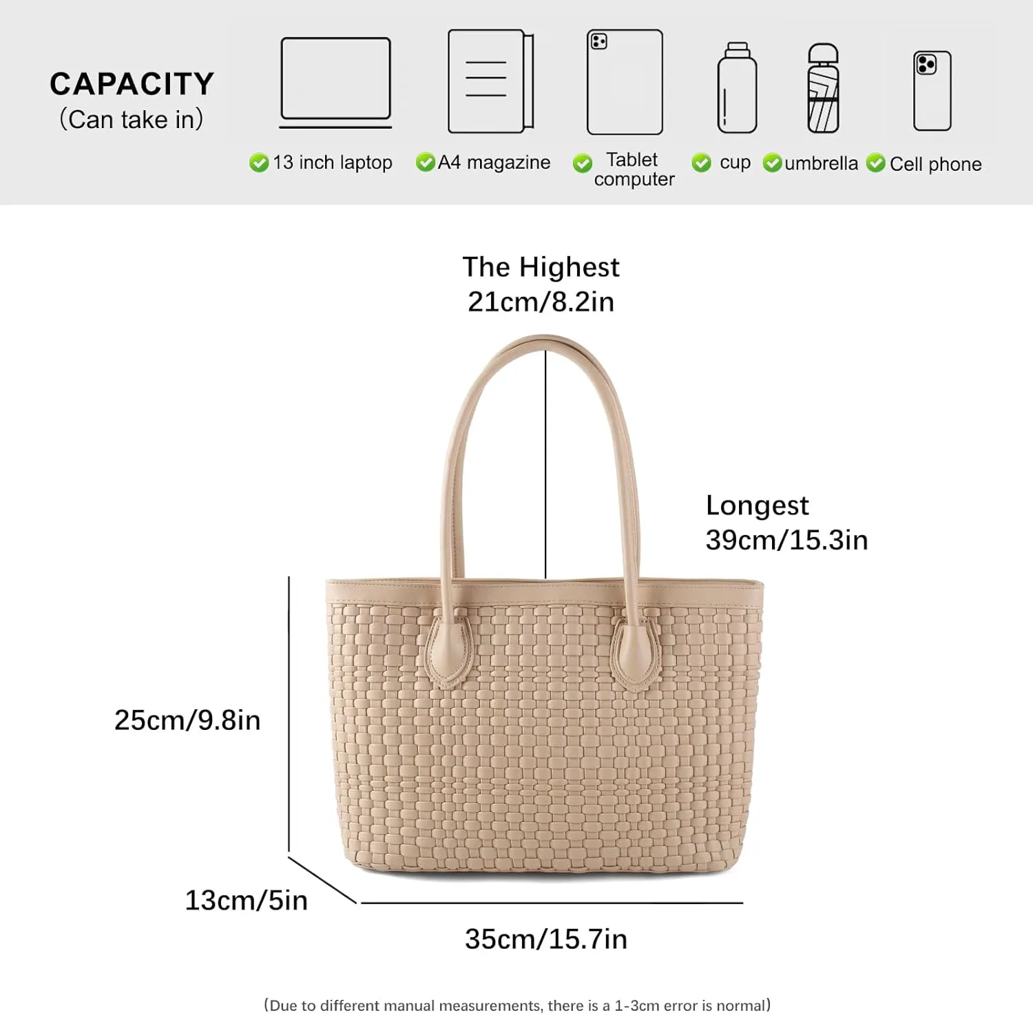 Woven Tote Bag For Women Hand Make Vegan Leather Shoulder Bag Handbag Zip Closure Beach Tote Travel Hand Bag